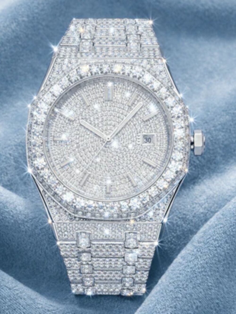 Brand New 14K White Gold 44mm Bust Down Moissanite Watch Iced Out